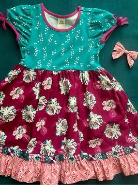Wildflowers Clothing size 6 Girls Floral Dress in Teal and Magenta bow bundle